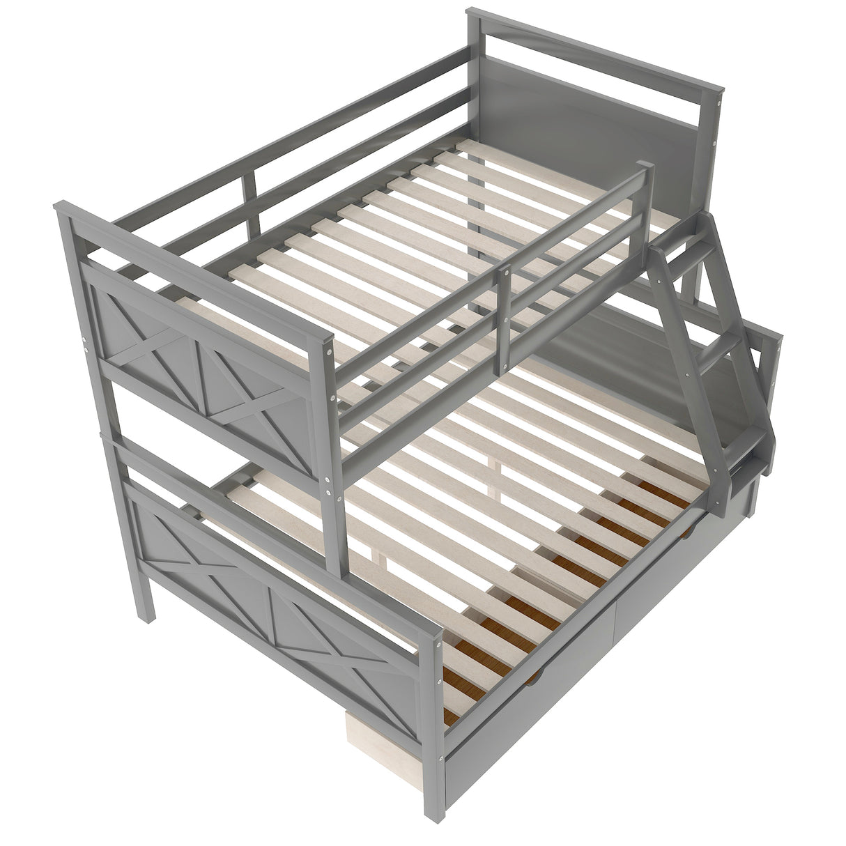 Twin over Full Bunk Bed with Ladder, Two Storage Drawers, Safety Guardrail, Gray - Home Elegance USA