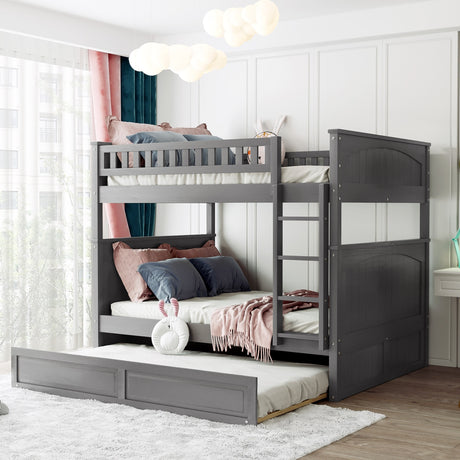 Full Over Full Bunk Bed with Twin Size Trundle, Pine Wood Bunk Bed with Guardrails, Brushed Gray(Old SKU：LP000044AAN) - Home Elegance USA