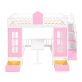 Full-Over-Full Bunk Bed with Changeable Table , Bunk Bed Turn into Upper Bed and Down Desk - Pink - Home Elegance USA