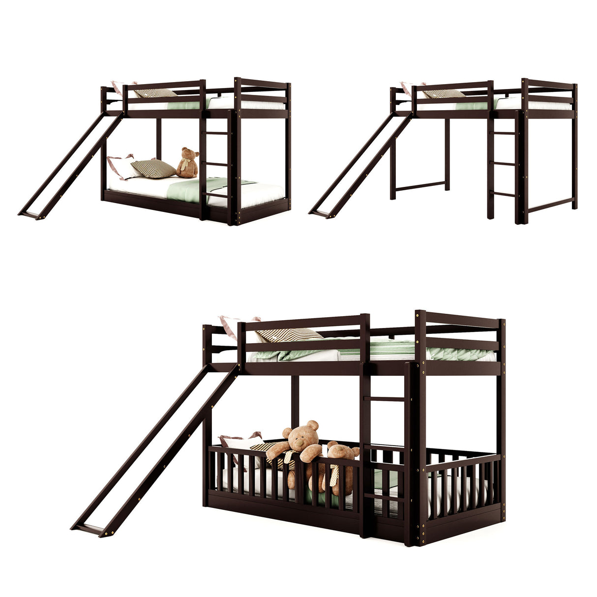 Twin Over Twin Bunk Bed with Slide and Ladder, Espresso（Old SKU:LP000009AAP） - Home Elegance USA