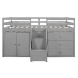 Full Size Functional Loft Bed with Cabinets and Drawers, Hanging Clothes at the back of the Staircase, Gray - Home Elegance USA