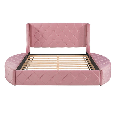 Upholstered Platform Bed Queen Size Storage Velvet Bed with Wingback Headboard and 1 Big Drawer,2 Side Storage Stool(Pink) - Home Elegance USA