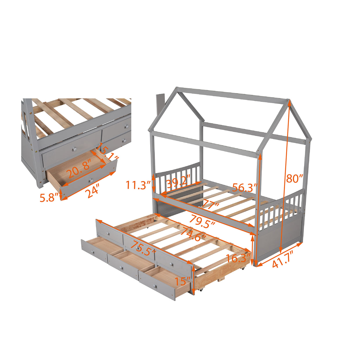 Twin size Wooden House Bed with Trundle and 3 Storage Drawers-Gray - Home Elegance USA