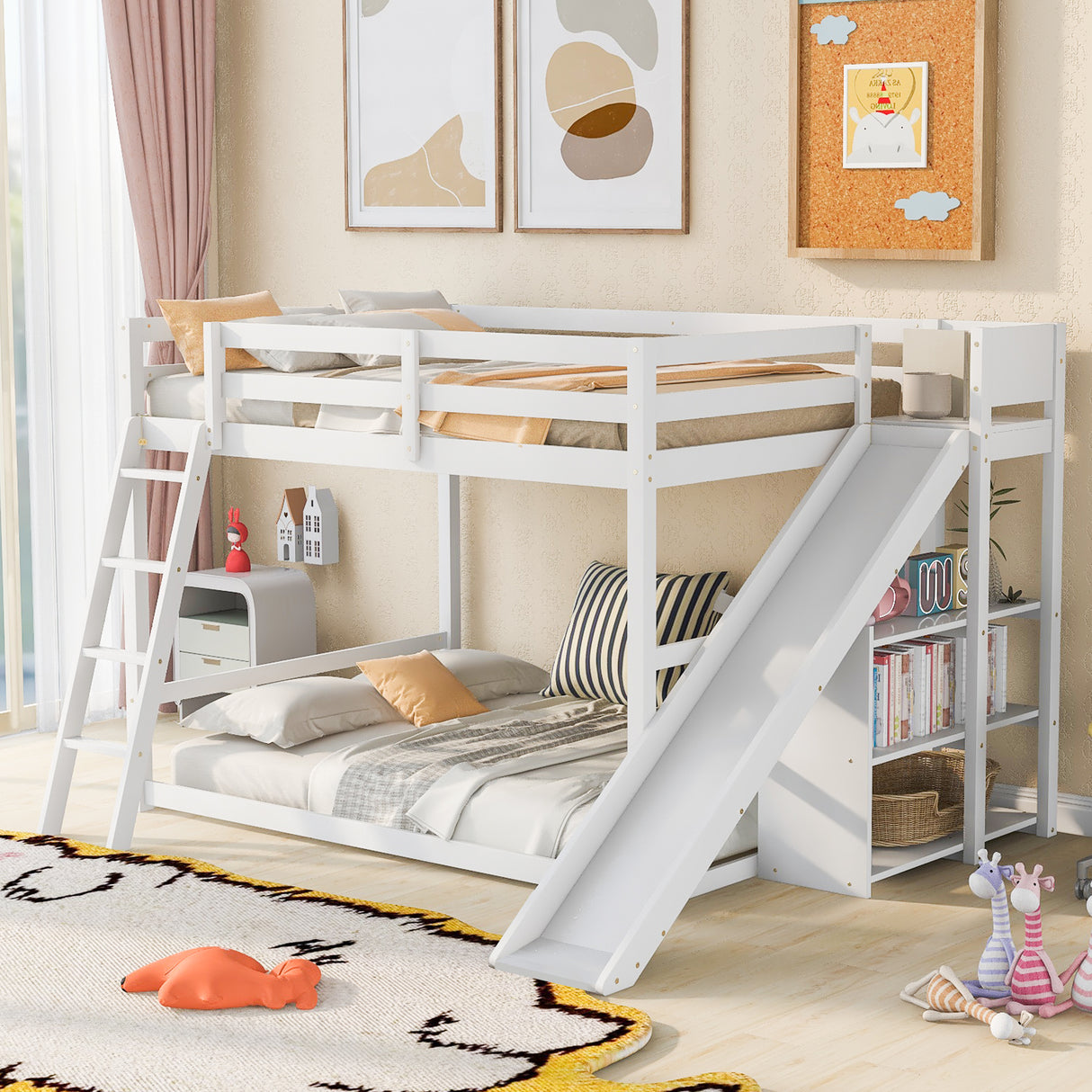 Full over Full Bunk Bed with Ladder, Slide and Shelves, White - Home Elegance USA