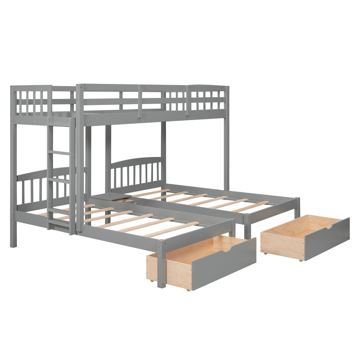Twin over Twin & Twin Bunk Bed with Two Drawers and Built-in Middle Drawer, Gray - Home Elegance USA