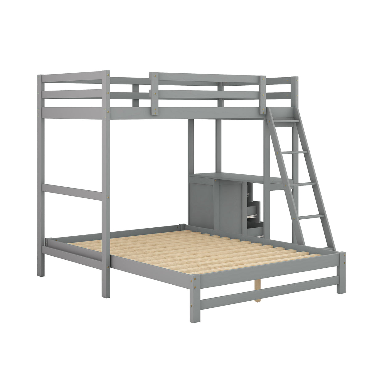 Twin over Full Bunk Bed with Built-in Desk and Three Drawers,Grey - Home Elegance USA