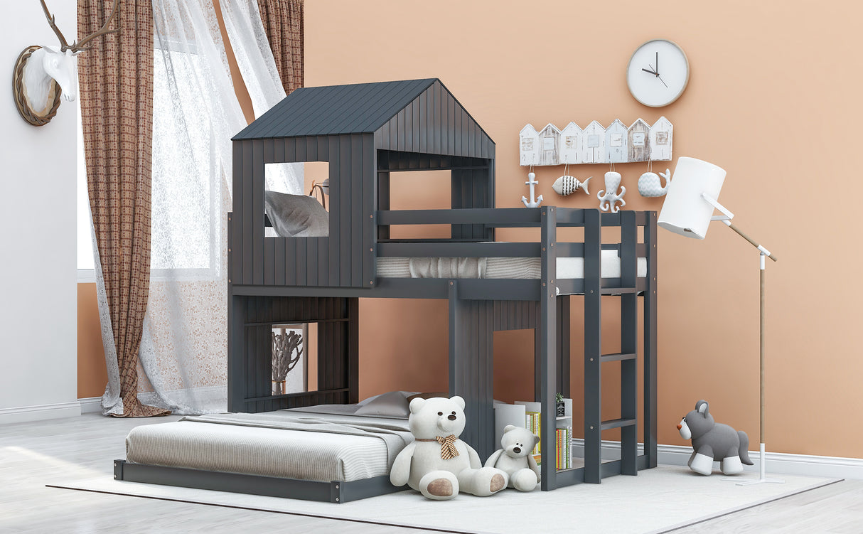 Wooden Twin Over Full Bunk Bed, Loft Bed with Playhouse, Farmhouse, Ladder and Guardrails , Gray( old sku: LP000027AAN ) - Home Elegance USA