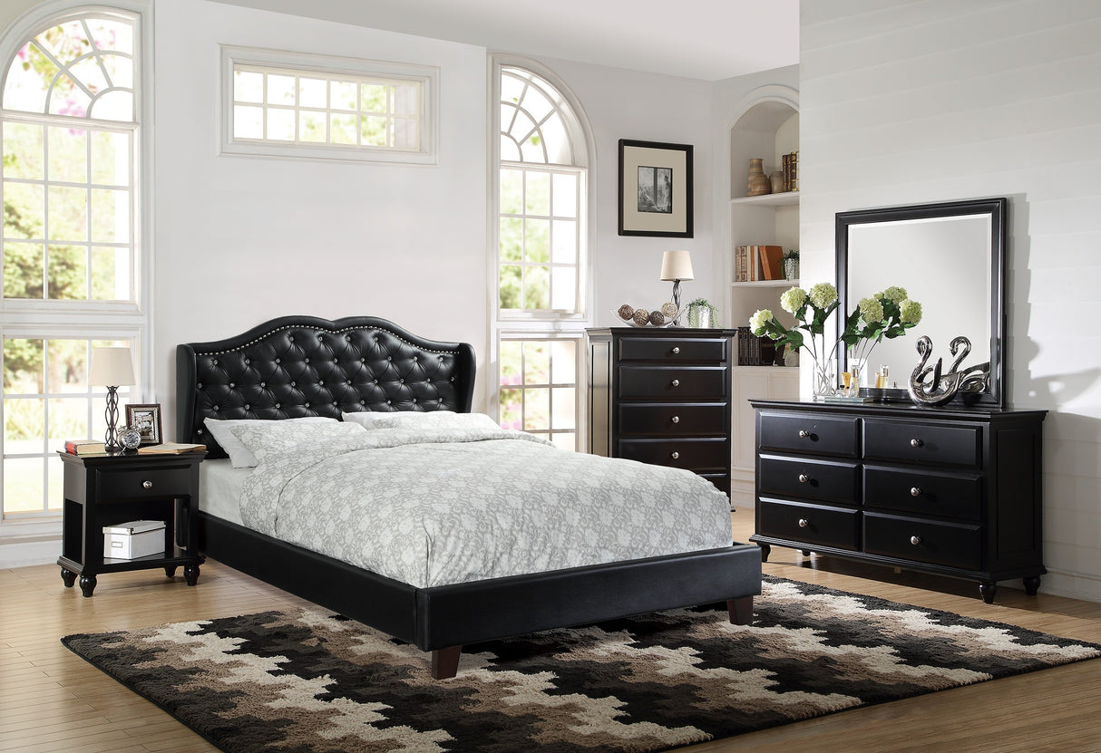 Queen Size Bed 1pc Bed Set Black Faux Leather Upholstered Wingback Design Bed Frame Headboard Bedroom Furniture Tufted Upholstered - Home Elegance USA