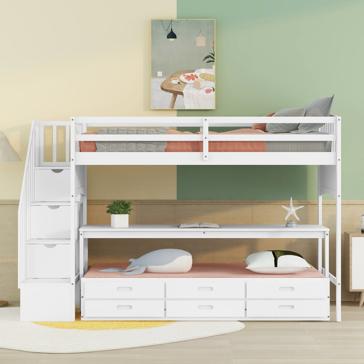 Stairway Twin XL Loft Bed with Twin Size Trundle and 3 Drawers, Storage, Desk, White - Home Elegance USA