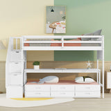 Stairway Twin XL Loft Bed with Twin Size Trundle and 3 Drawers, Storage, Desk, White - Home Elegance USA