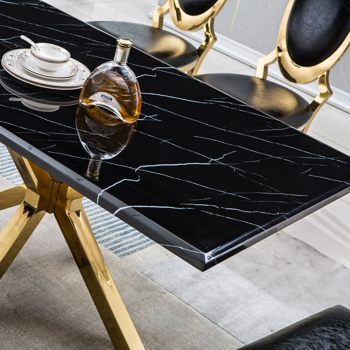 Modern Rectangular Marble Table for Dining Room/Kitchen, 1.02" Thick Marble Top, Gold Finish Stainless Steel Base, Size:63"Lx35"Dx30"H(Not Including Chairs) - Home Elegance USA