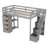 Twin size Loft Bed with Storage Drawers and Stairs, Wooden Loft Bed with Shelves - Gray - Home Elegance USA