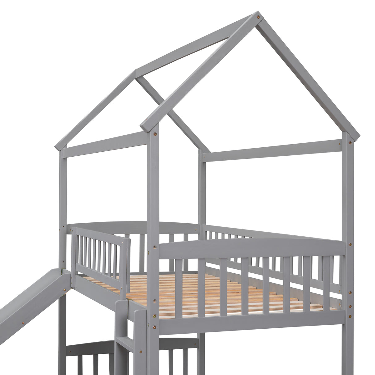 Twin Over Twin Bunk Bed with Slide, House Bed with Slide, Gray(OLD SKU: LT000214AAE) - Home Elegance USA