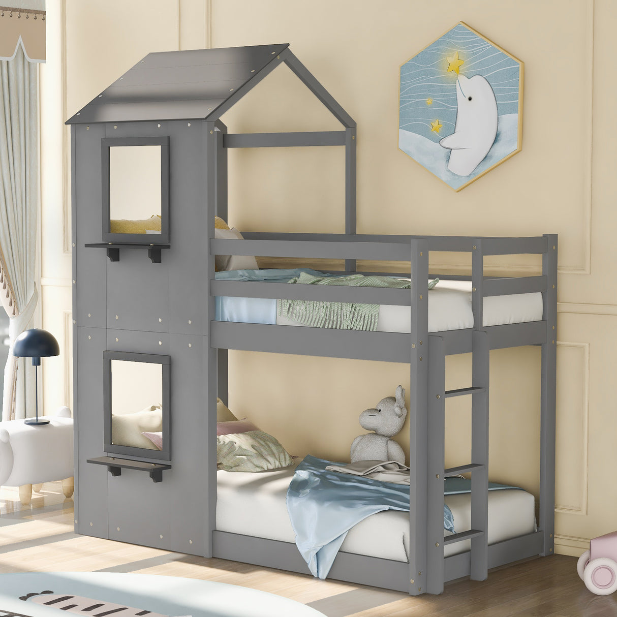 Twin Over Twin Bunk Bed Wood Bed with Roof, Window, Guardrail, Ladder (Gray) - Home Elegance USA