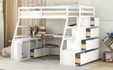 Twin Size Loft Bed with with 7 Drawers 2 Shelves and Desk - White - Home Elegance USA