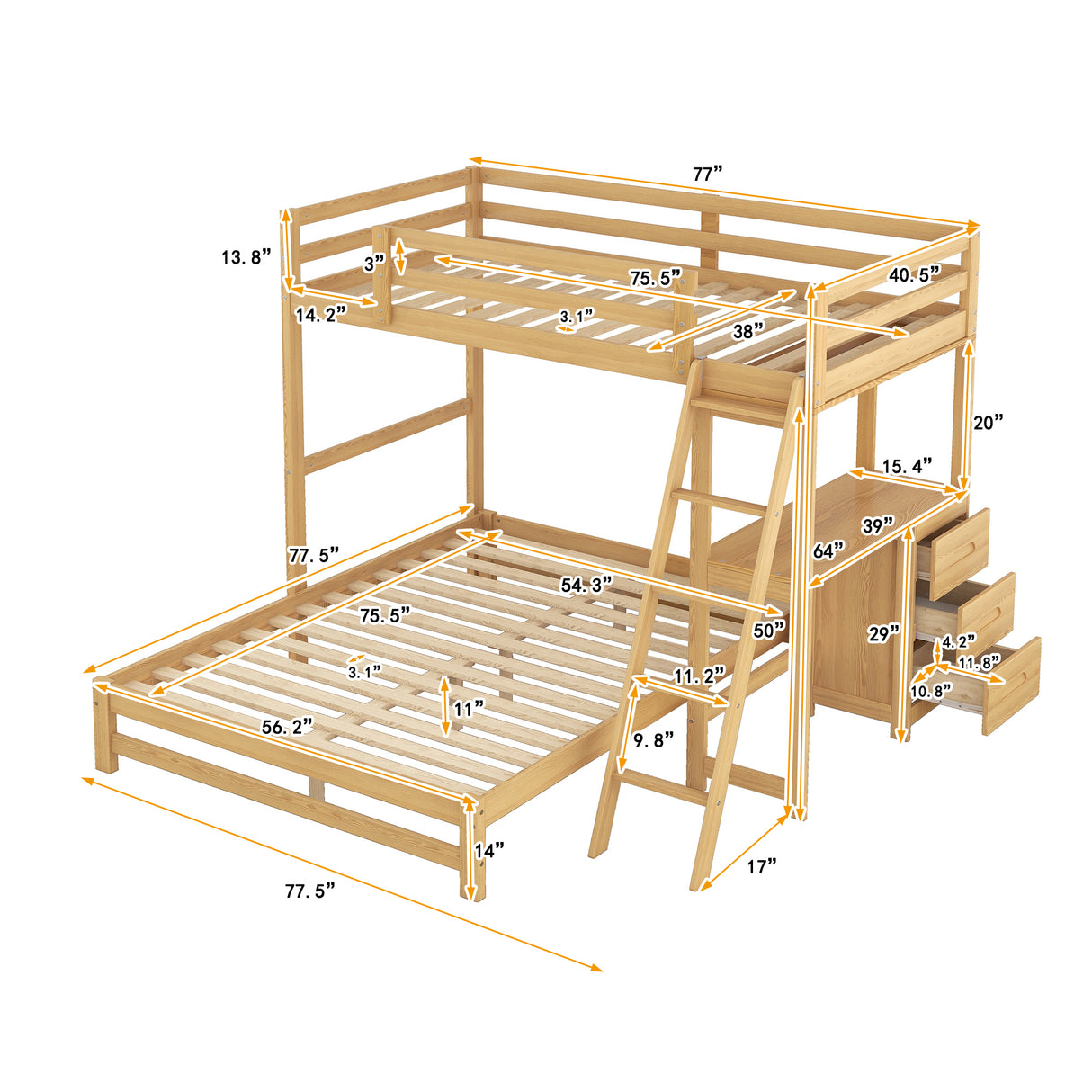 Twin over Full Bunk Bed with Built-in Desk and Three Drawers,Natural - Home Elegance USA