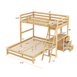 Twin over Full Bunk Bed with Built-in Desk and Three Drawers, Natural