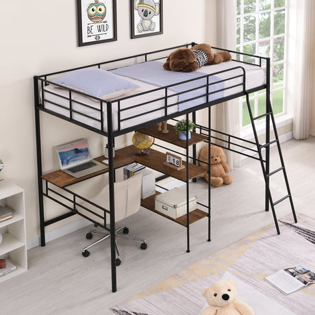 Twin Size Metal Loft Bed and Built-in Desk and Shelves,Black(OLD DKU:WF280270AAB) - Home Elegance USA