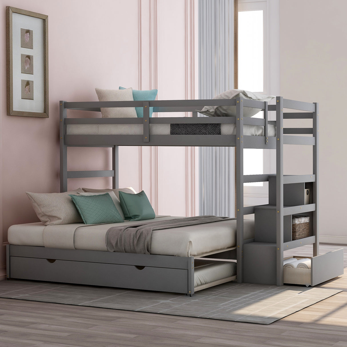 Twin over Twin/King (Irregular King Size) Bunk Bed with Twin Size Trundle, Extendable Bunk Bed   (Gray)(OLD SKU :LP000032AAE) - Home Elegance USA