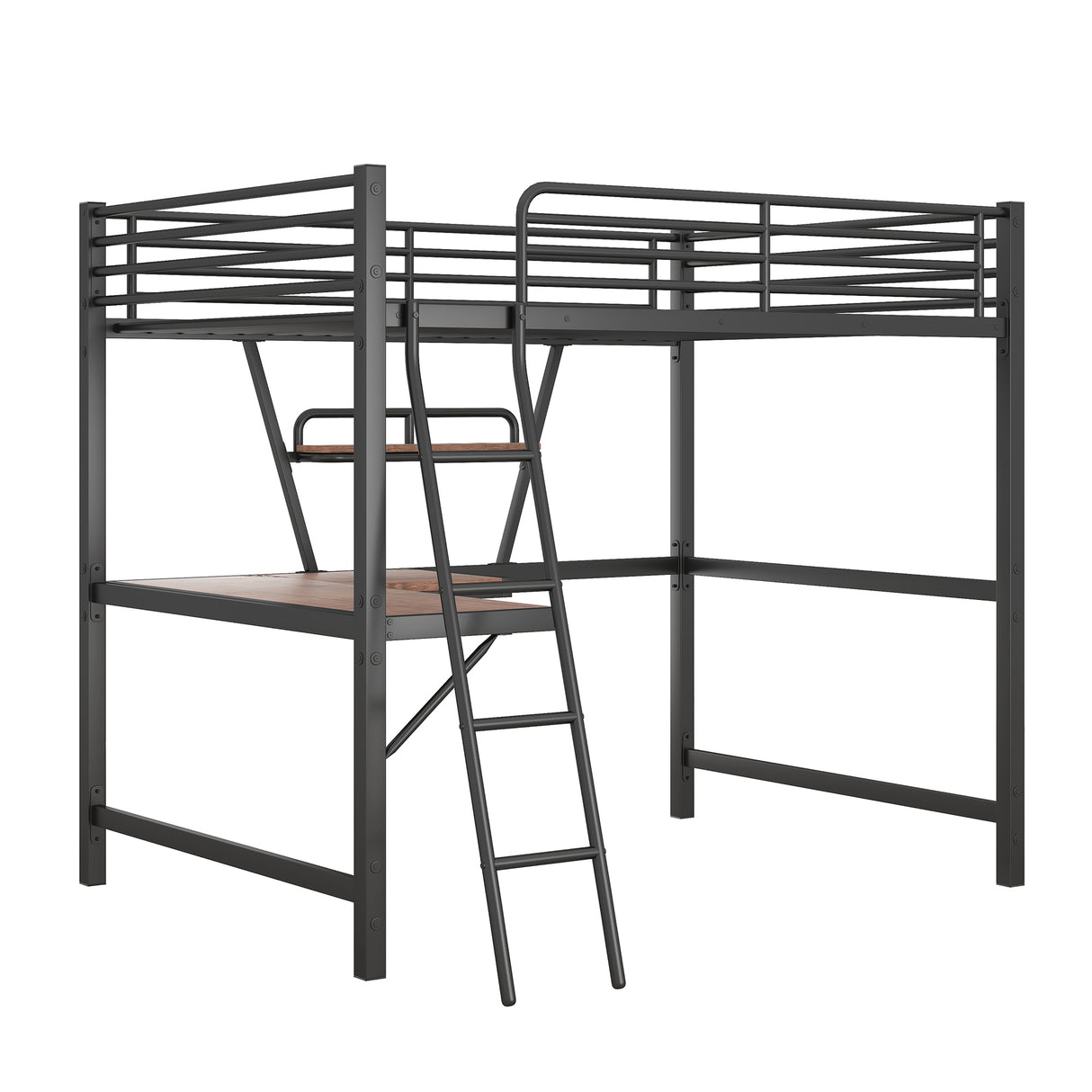 Full Size Loft Metal&MDF Bed with Desk and Shelf, Black