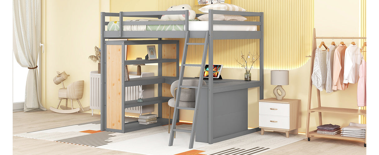 Full Size Loft Bed with Ladder, Shelves, and Desk, Gray - Home Elegance USA