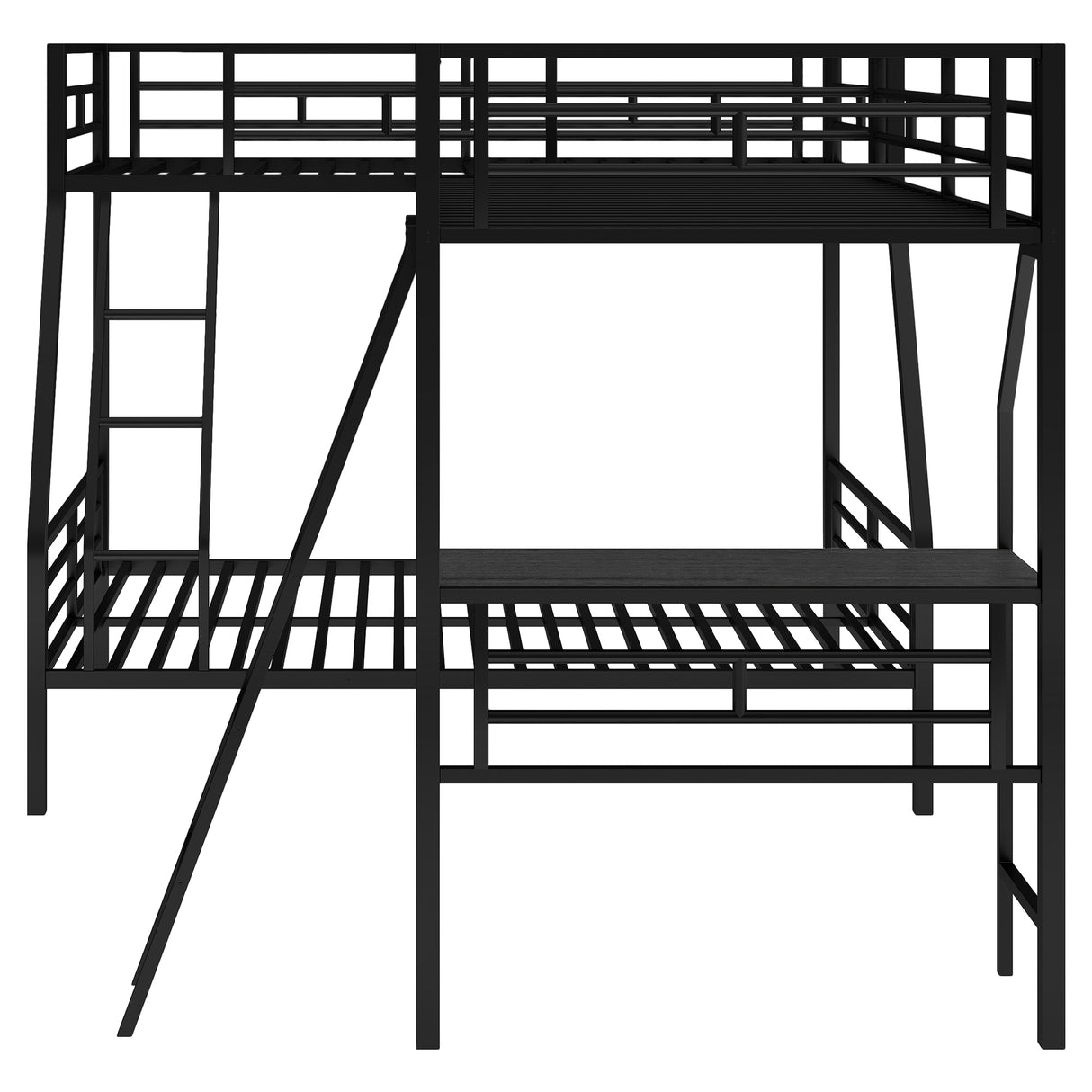 Twin over Full Bunk Bed with a Twin Size Loft Bed attached, with a Desk, Metal, Black - Home Elegance USA