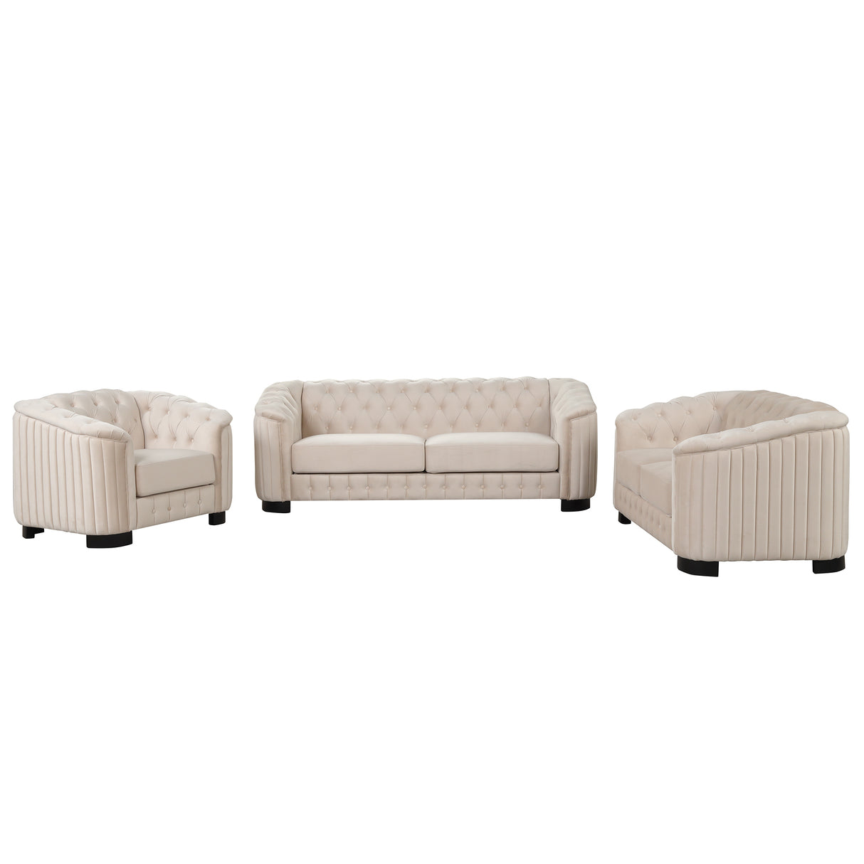 Modern 3-Piece Sofa Sets with Rubber Wood Legs,Velvet Upholstered Couches Sets Including Three Seat Sofa, Loveseat and Single Chair for Living Room Furniture Set,Beige Home Elegance USA