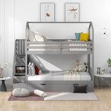 Multifunctional Twin over Twin House Bunk Bed with Staircase and Storage Space,Gray - Home Elegance USA