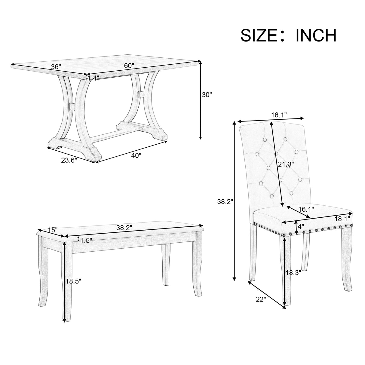 TREXM 6-Piece Farmhouse Dining Table Set, Rectangular Trestle Table and 4 Upholstered Chairs & Bench for Dining Room (Antique Gray) - Home Elegance USA