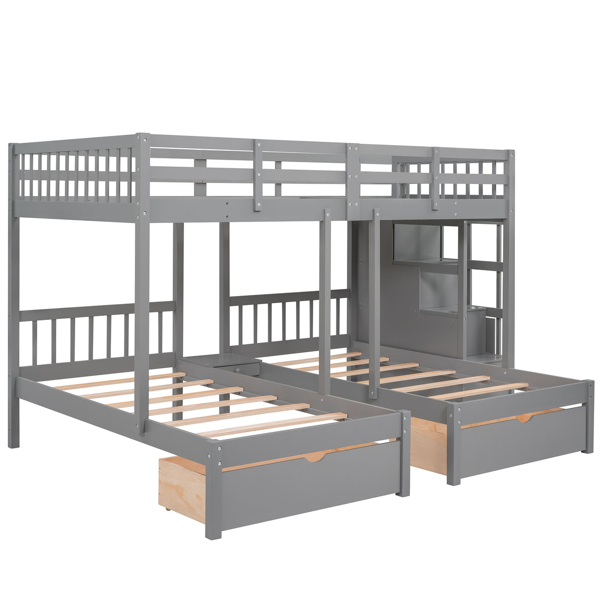 Full Over Twin & Twin Bunk Bed, Wood Triple Bunk Bed with Drawers and Guardrails (Gray) Home Elegance USA
