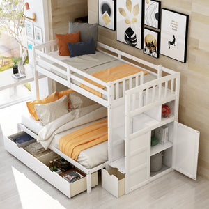 Twin over Full/Twin Bunk Bed, Convertible Bottom Bed, Storage Shelves and Drawers, White - Home Elegance USA