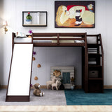 Twin Size Loft Bed with Storage and Slide, Espresso - Home Elegance USA