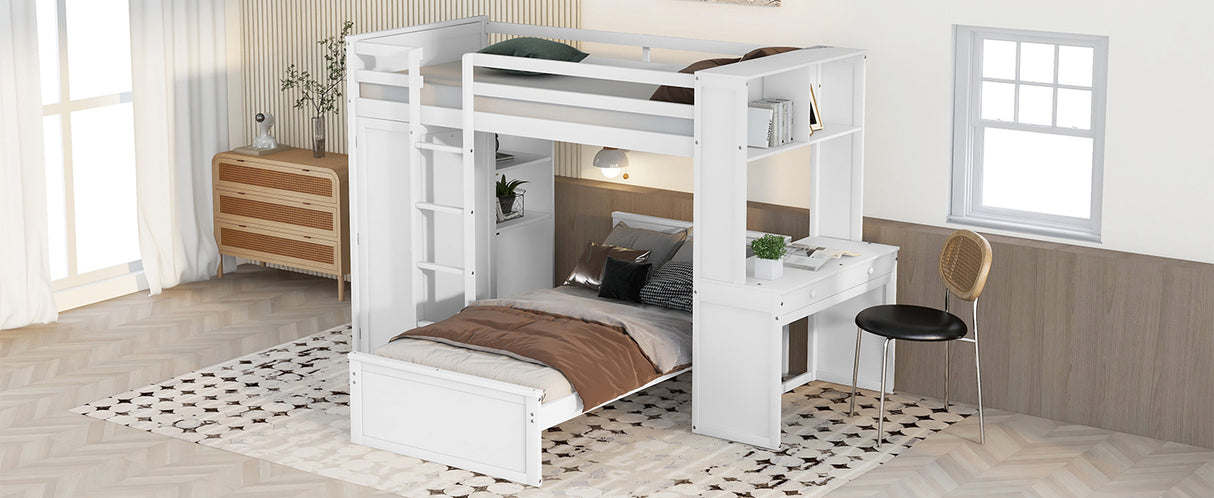 Twin size Loft Bed with a Stand-alone bed, Shelves,Desk,and Wardrobe-White - Home Elegance USA