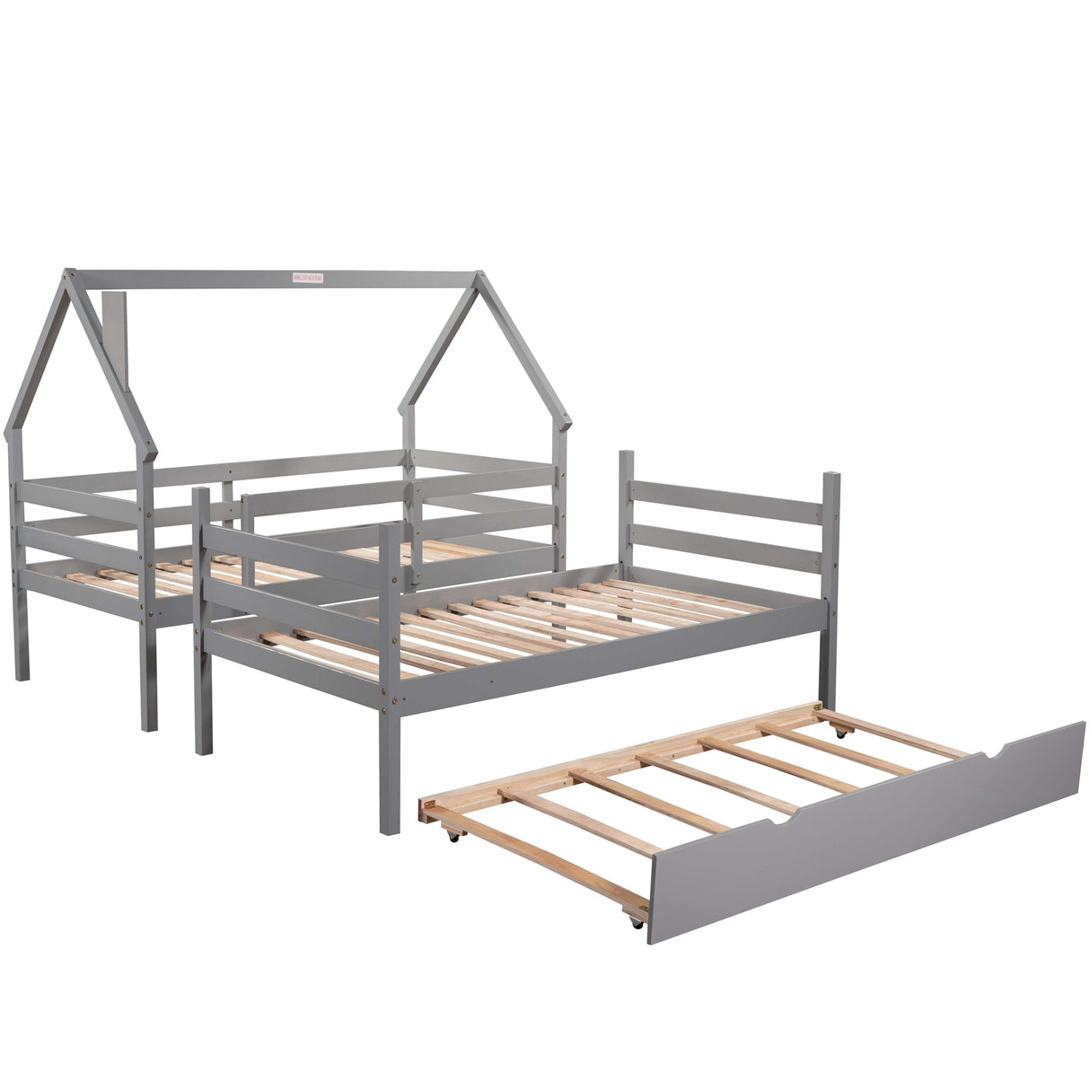 Twin over Twin House Bunk Bed with Trundle and Chimney Design,Gray - Home Elegance USA