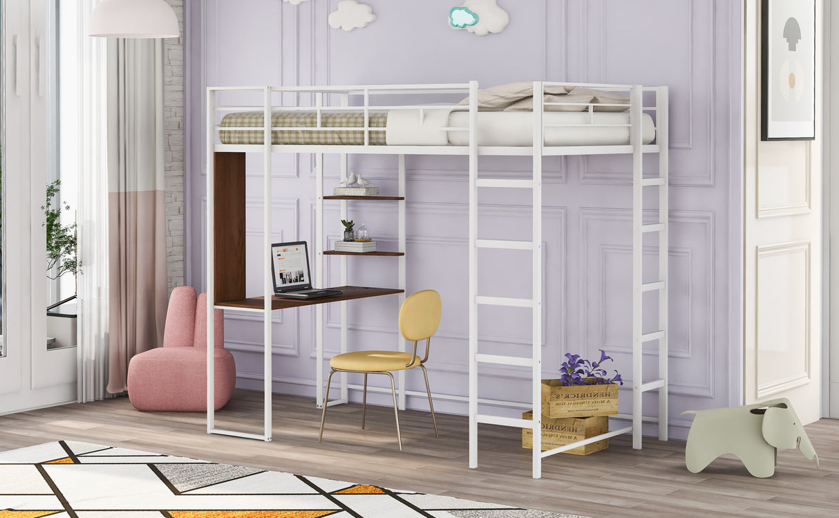 Twin Metal Loft Bed with 2 Shelves and one Desk ,WHITE(Old SKU: MF281206AAK)