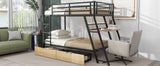 Twin Size Metal Bunk Bed with Built-in Desk, Light and 2 Drawers, Black(Expected Arrival Time: 9.18)