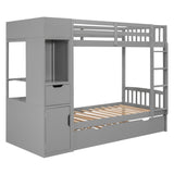 Twin Size Bunk Bed with Trundle and Attached Multifunctional Locker,Gray - Home Elegance USA