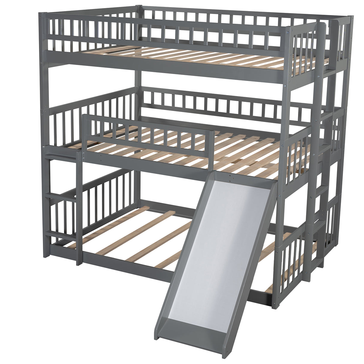 Full-Over-Full-Over-Full Triple Bed with Built-in Ladder and Slide , Triple Bunk Bed with Guardrails, Gray(OLD SKU :LP000052AAE) - Home Elegance USA