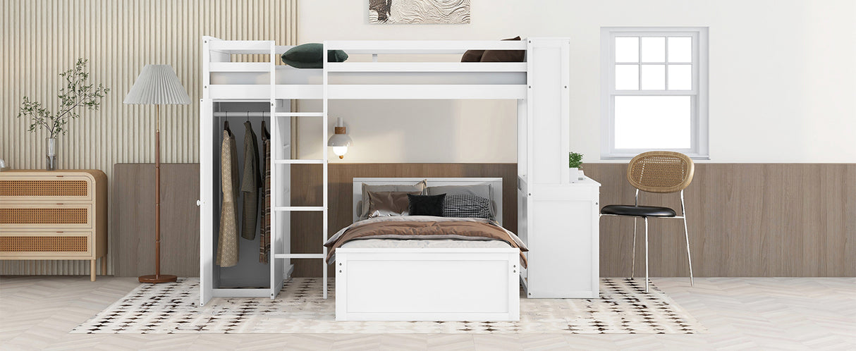 Twin size Loft Bed with a Stand-alone bed, Shelves,Desk,and Wardrobe-White - Home Elegance USA