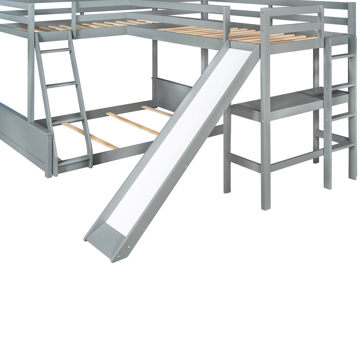 Twin over Full Bunk Bed with Twin Size Loft Bed with Desk and Slide,Full-Length Guardrail, Gray - Home Elegance USA