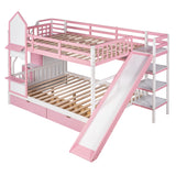 Full-Over-Full Castle Style Bunk Bed with 2 Drawers 3 Shelves and Slide - Pink