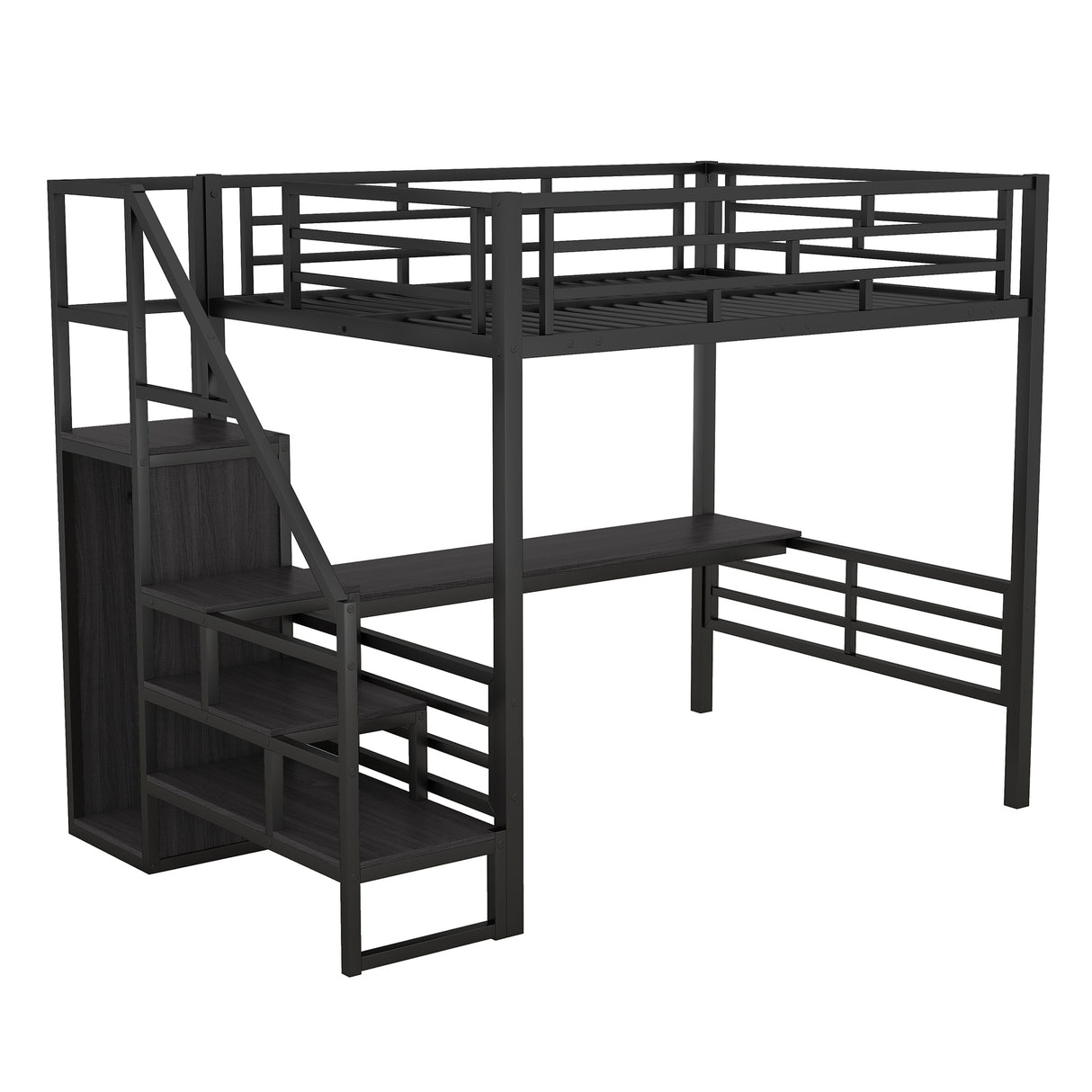 Full Size Metal Loft Bed with Desk, Storage Staircase and Small Wardrobe, Storage stairs can be installed left and right,Black - Home Elegance USA