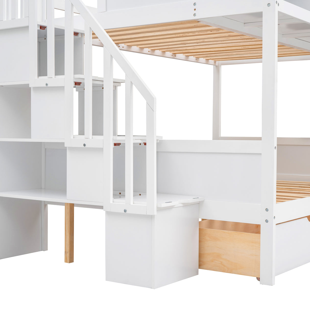 Twin over Full Bunk Bed with Shelfs, Storage Staircase and 2 Drawers, White - Home Elegance USA