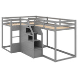 Twin over Twin L-Shaped Bunk Bed with Built-in Middle Staircase,Gray - Home Elegance USA