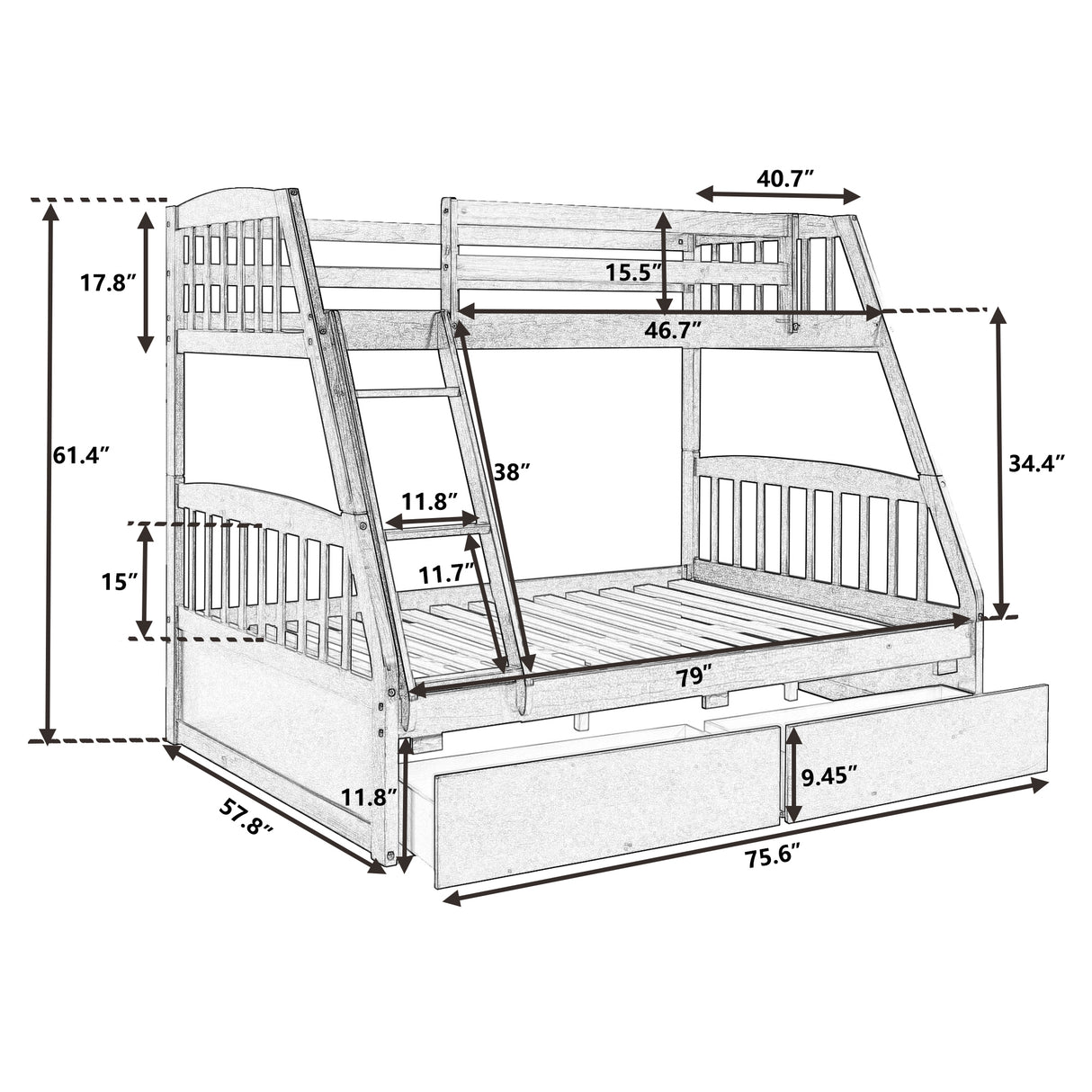 TOPMAX Solid Wood Twin Over Full Bunk Bed with Two Storage Drawers, White
