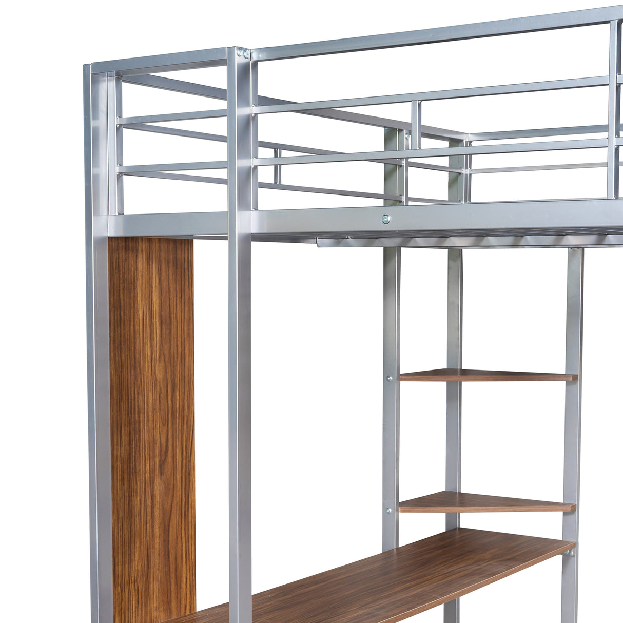 Full Size Metal Loft Bed with 2 Shelves and one Desk ,Silver (Old SKU: LP000191AAN )