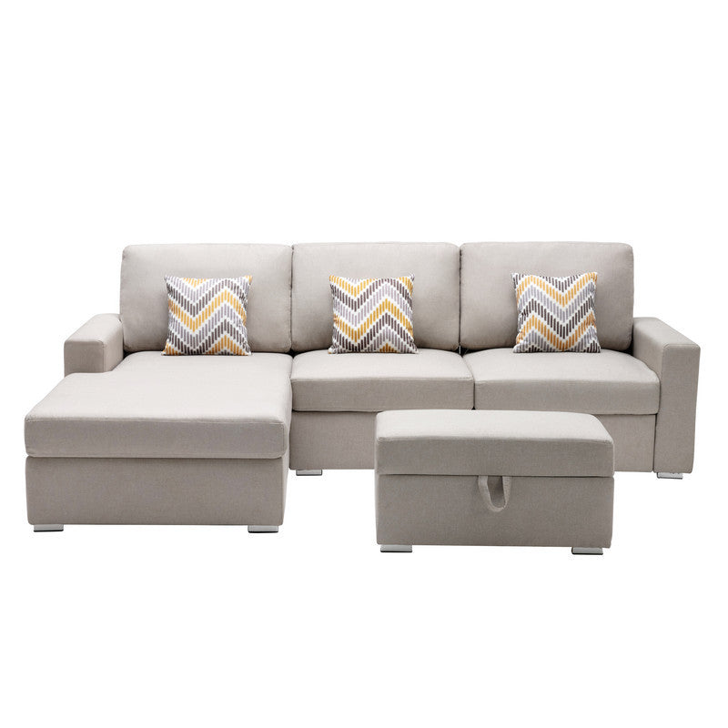 Nolan Beige Linen Fabric 4Pc Reversible Sofa Chaise with Interchangeable Legs, Storage Ottoman, and Pillows - Home Elegance USA