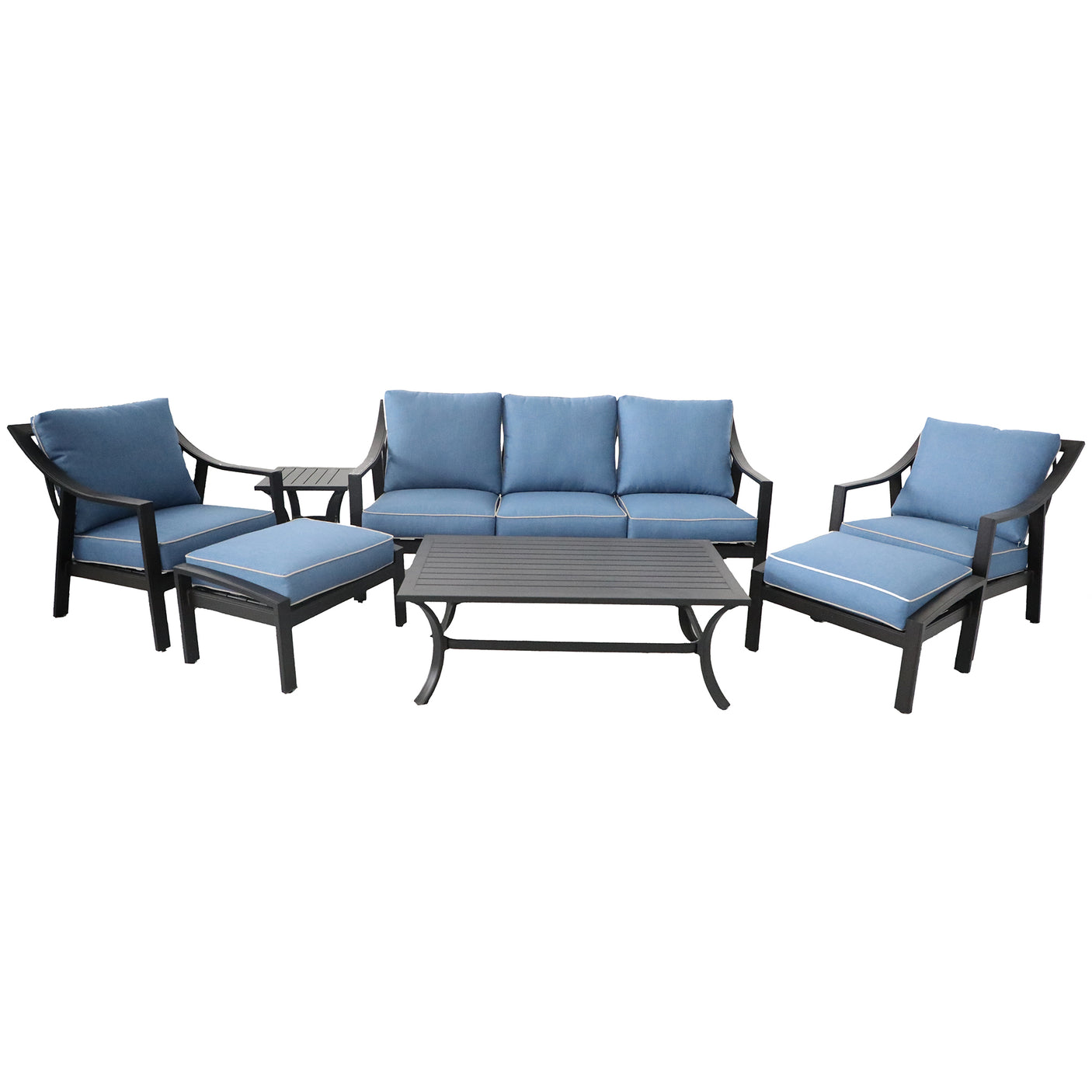 7 Piece Deep Seating Set, Black/Blue