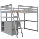 Full Size Loft Bed with Desk and Shelves,Two Built-in Drawers,Gray - Home Elegance USA