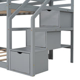 Twin Over Twin Bunk Bed with Storage Stairs,Wood Bed with Roof, Window, Guardrail, Ladder，Gray